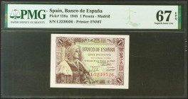 1 Peseta. 15 de Junio de 1945. Serie L. (Edifil 2021: 448a, Pick: 128a). Raro en esta excepcional calidad, apresto original. SC. Encapsulado PMG67EPQ.