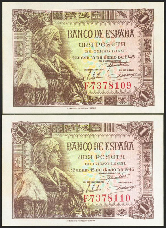 1 Peseta. 15 de Junio de 1945. Pareja correlativa. Serie F. (Edifil 2021: 448a)....