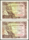 1 Peseta. 15 de Junio de 1945. Pareja correlativa. Serie F. (Edifil 2021: 448a). Apresto original. EBC++.