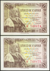 1 Peseta. 15 de Junio de 1945. Pareja correlativa. Serie H. (Edifil 2021: 448a). Apresto original. SC.