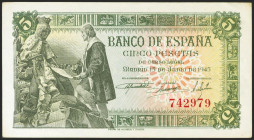 5 Pesetas. 15 de Junio de 1945. Sin serie. (Edifil 2021: 449). Apresto original. SC-.