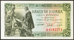 5 Pesetas. 15 de Junio de 1945. Serie A. (Edifil 2021: 449a). Apresto original. SC.