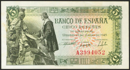 5 Pesetas. 15 de Junio de 1945. Serie A. (Edifil 2021: 449a). Apresto original. SC-.