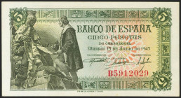 5 Pesetas. 15 de Junio de 1945. Serie B. (Edifil 2021: 449a). Apresto original. EBC++.