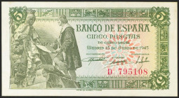 5 Pesetas. 15 de Junio de 1945. Serie D. (Edifil 2021: 449a). Apresto original. EBC++.