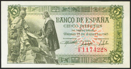 5 Pesetas. 15 de Junio de 1945. Serie F. (Edifil 2021: 449a). Apresto original. SC.