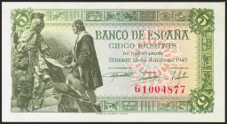 5 Pesetas. 15 de Junio de 1945. Serie G. (Edifil 2021: 449a). Apresto original. SC.