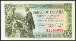 5 Pesetas. 15 de Junio de 1945. Serie H. (Edifil 2021: 449a). Apresto original. SC-.