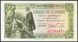 5 Pesetas. 15 de Junio de 1945. Serie J. (Edifil 2021: 449a). Apresto original. SC.