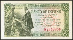 5 Pesetas. 15 de Junio de 1945. Serie K. (Edifil 2021: 449a). Apresto original. SC-.