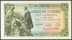 5 Pesetas. 15 de Junio de 1945. Serie L, última serie emitida. (Edifil 2021: 449a). Raro, apresto original. SC-.