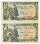 5 Pesetas. 15 de Junio de 1945. Pareja correlativa. Serie H. Falso de época. (Edifil 2017: 449F). Inusual. SC-.