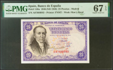 25 Pesetas. 20 de Febrero de 1946. Serie A. (Edifil 2021: 450a, Pick: 130a). Raro en esta excepcional calidad, apresto original. SC. Encapsulado PMG67...