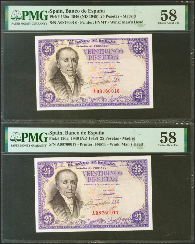 25 Pesetas. 20 de Febrero de 1946. Pareja correlativa. Serie A. (Edifil 2021: 45...