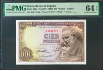 100 Pesetas. 19 de Febrero de 1946. Sin serie. (Edifil 2021: 451, Pick: 131a). Inusual en esta calidad, apresto original. SC. Encapsulado PMG64EPQ.