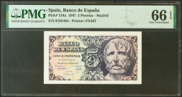 5 Pesetas. 12 de Abril de 1947. Sin serie. (Edifil 2021: 454, Pick: 134a). Inusual en esta excepcional calidad, apresto original. SC. Encapsulado PMG6...