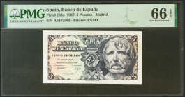 5 Pesetas. 12 de Abril de 1947. Serie A. (Edifil 2021: 454a, Pick: 134a). Raro en esta excepcional calidad, apresto original. SC. Encapsulado PMG66EPQ...