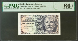 5 Pesetas. 12 de Abril de 1947. Serie C. (Edifil 2021: 454a, Pick: 134a). Raro en esta excepcional calidad, apresto original. SC. Encapsulado PMG66EPQ...