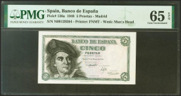 5 Pesetas. 5 de Marzo de 1948. Serie N, última serie emitida. (Edifil 2021: 455b, Pick: 136a). Muy raro en esta excepcional calidad, es la primera vez...