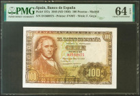 100 Pesetas. 2 de Mayo de 1948. Serie D. (Edifil 2021: 456a, Pick: 137a). Apresto original. SC. Encapsulado PMG64EPQ.