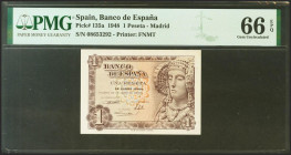 1 Peseta. 19 de Junio de 1948. Sin serie. (Edifil 2021: 457, Pick: 135a). Inusual en esta excepcional calidad, apresto original. SC. Encapsulado PMG66...