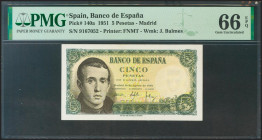 5 Pesetas. 16 de Agosto de 1951. Sin serie. (Edifil 2021: 459, Pick: 140a). Raro en esta calidad, apresto original. SC. Encapsulado PMG66EPQ.