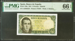 5 Pesetas. 16 de Agosto de 1951. Serie A. (Edifil 2021: 459a, Pick: 140a). Inusual en esta excepcional calidad, apresto original. SC. Encapsulado PMG6...