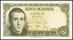 5 Pesetas. 12 de Abril de 1947. Serie 1J. (Edifil 2021: 459a). Conserva gran parte de su apresto original. EBC+.