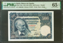 500 Pesetas. 15 de Noviembre de 1951. Sin serie. (Edifil 2021: 460, Pick: 142a). Raro en esta calidad, apresto original. SC. Encapsulado PMG65EPQ.