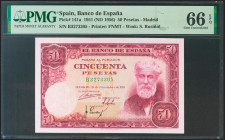 50 Pesetas. 31 de Diciembre de 1951. Serie B. (Edifil 2021: 462a, Pick: 141a). Rarísimo en esta calidad, apresto original. SC. Encapsulado PMG66EPQ.