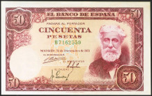 50 Pesetas. 31 de Diciembre de 1951. Serie B. (Edifil 2021: 462a). Conserva gran parte de su apresto original. EBC.