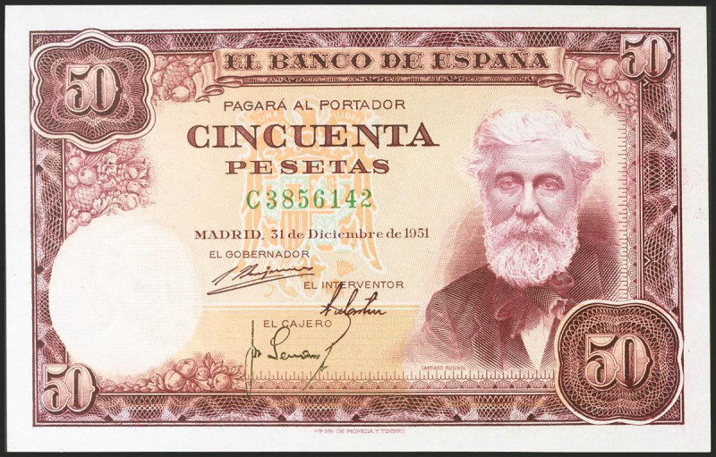 50 Pesetas. 31 de Diciembre de 1951. Serie C. (Edifil 2021: 462a). Apresto origi...