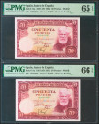 50 Pesetas. 31 de Diciembre de 1951. Pareja correlativa. Serie A. (Edifil 2021: 462a, Pick: 141a). Rarísima en esta calidad, apresto original. SC. Enc...