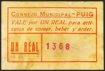 PUIG (VALENCIA). 1 Real. (1937ca). (González: 4406). Muy raro. MBC-.