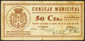 SARIÑENA (HUESCA). 50 Céntimos. 10 de Junio de 1937. (González: 4785). MBC.