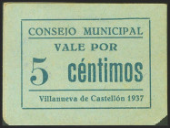 VILLANUEVA DE CASTELLON (VALENCIA). 5 Céntimos. (1937ca). (González: 5611). Muy raro. EBC.