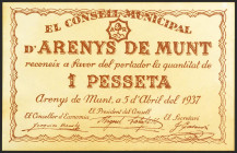 ARENYS DE MUNT (BARCELONA). 1 Peseta. 5 de Abril de 1937. (González: 6371). SC-.
