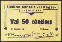 L´ARMENTERA (GERONA). 50 Céntimos. (1937ca). (González: 6391). Rarísimo. SC.