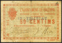 BALENYA (BARCELONA). 50 Céntimos. (1937ca). Sobrecarga INUTILIZAT". (González: 6493a). Inusual. BC."