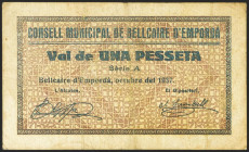 BELCAIRE D´EMPORDA (GERONA). 1 Peseta. Octubre 1937. Serie A. (González: 6963). MBC.