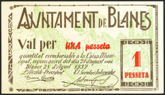 BLANES (GERONA). 1 Peseta. 25 de Agosto de 1937. Nº023492. (González: 7114). Inusual. SC-.