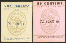 CALLDETENES (BARCELONA). 50 Céntimos y 1 Peseta. (1937ca). (González: 7295/96). Rara serie completa. SC-.