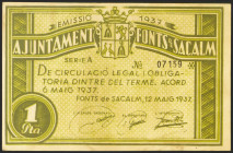 FONTS DE SACALM (GERONA). 1 Peseta. 12 de Mayo de 1937. Serie A. (González: 7914). EBC.
