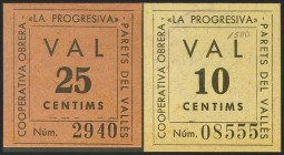 PARETS DEL VALLES (BARCELONA). 10 Céntimos y 25 Céntimos. Agosto 1937. (González: 9156, 9157). Inusuales. EBC+.