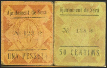 SEVA (BARCELONA). 50 Céntimos y 1 Peseta. (1937ca). (González: 10009/10). Muy rara serie completa. MBC.