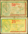 TORTELLA (BARCELONA). 25 Céntimos y 50 Céntimos. Agosto 1937. Series C y B, respectivamente. (González: 10405, 10406). Inusuales. MBC-.