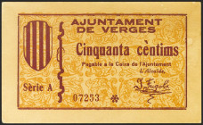 VERGES (GERONA). 50 Céntimos. (1937ca). Serie A. (González: 10625). SC-.