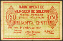 VILA-SECA DE SOLCINA (TARRAGONA). 50 Céntimos. 1 de Abril de 1937. Serie B. (González: 10672). MBC-.