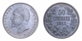BULGARIA FERDINAND I 50 STOTINKI 1913 AG. 2,52 GR. SPL (PATINATA)