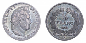 FRANCIA LUIGI FILIPPO I 1/4 FRANC 1835 A (PARIS) AG. 1,20 GR. qBB